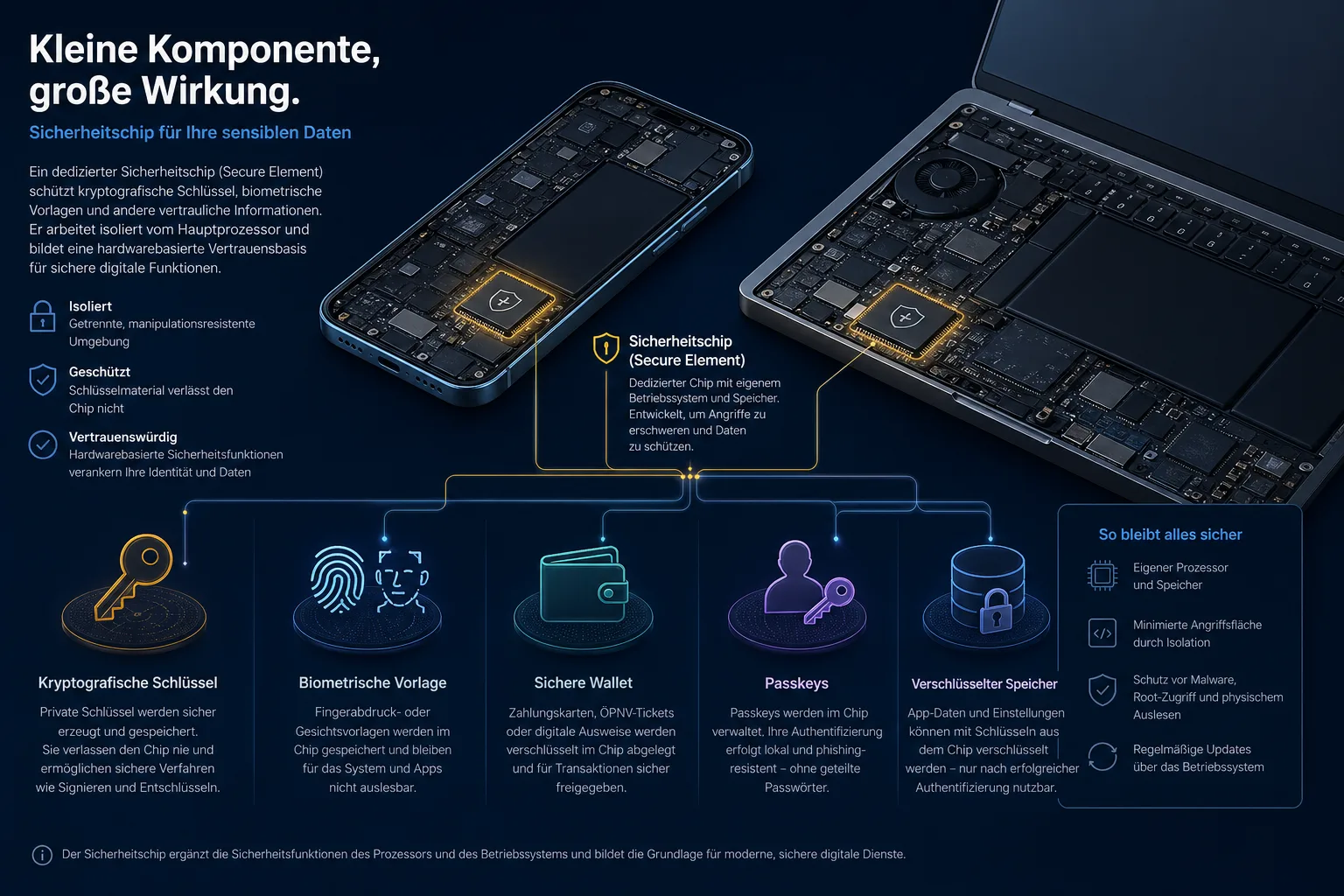 Isometrische Grafik eines Smartphone- und Notebook-Mainboards mit hervorgehobenem Sicherheitschip und Symbolen für Schlüssel, Biometrie, Wallet und verschlüsselte Daten.