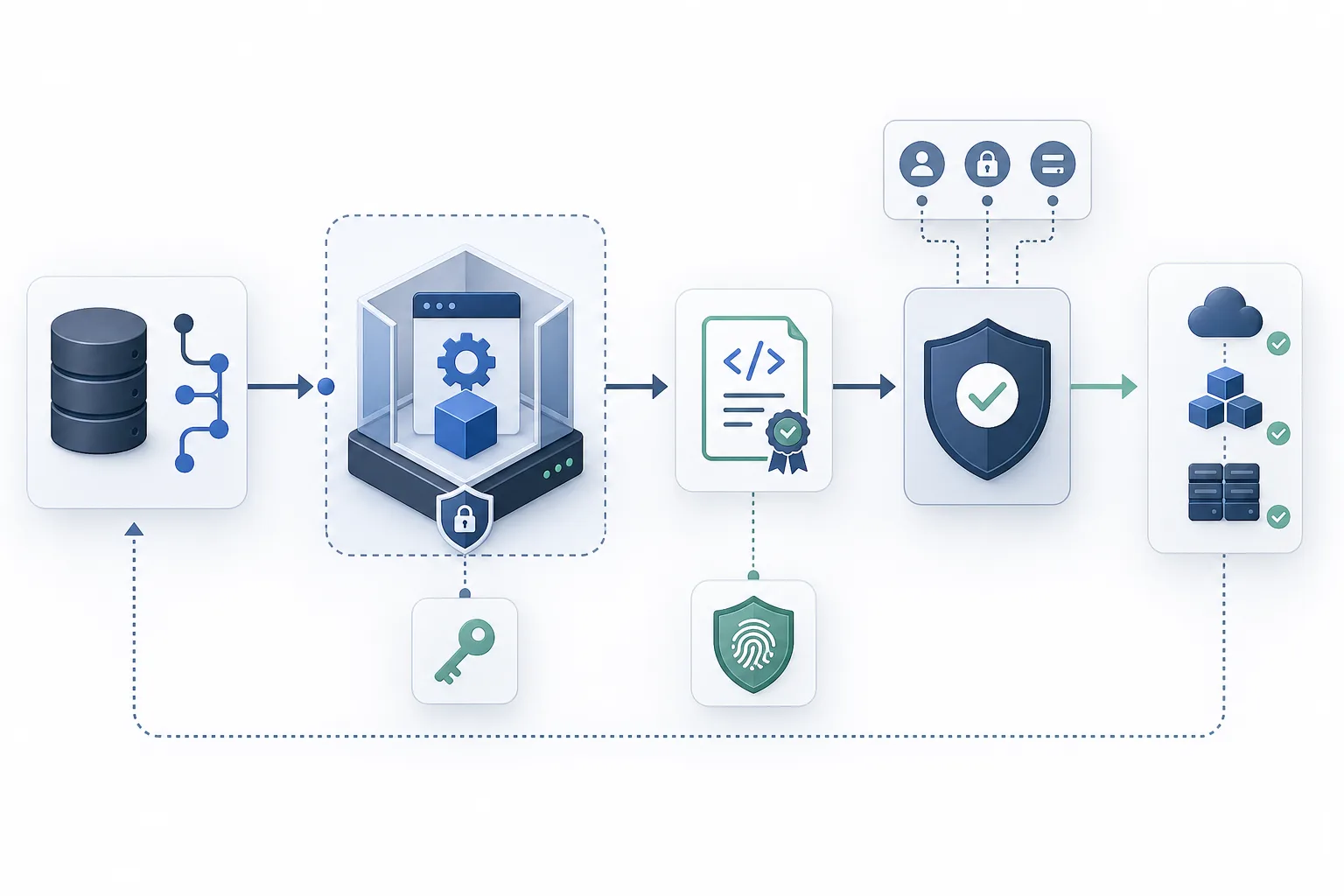 Konzeptgrafik zu Build-Provenance, CI/CD-Pipeline und signiertem Software-Artefakt