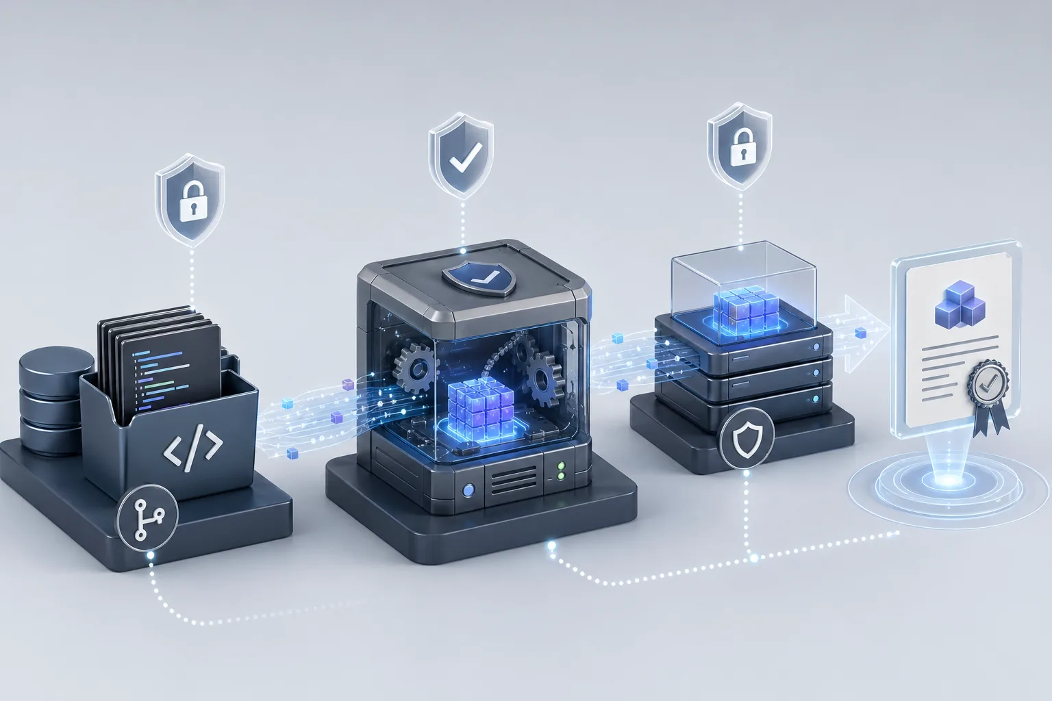 Technische Illustration einer abgesicherten Software-Lieferkette mit Quellcode, Build-System und Artefakt