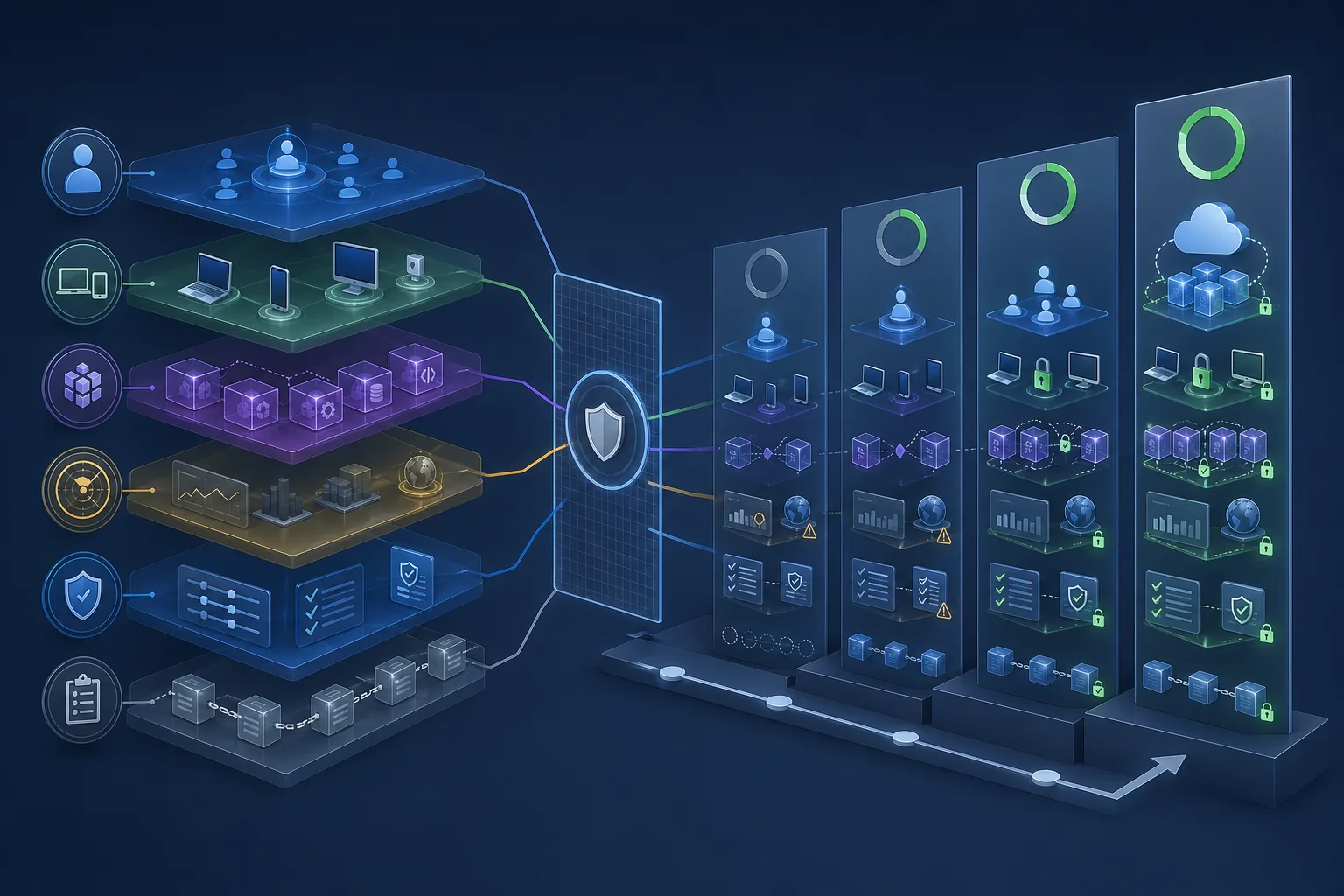 Illustration von Zero Trust als Reifeprozess mit Identitätsmanagement, Gerätemanagement, Segmentierung, Monitoring und Governance.