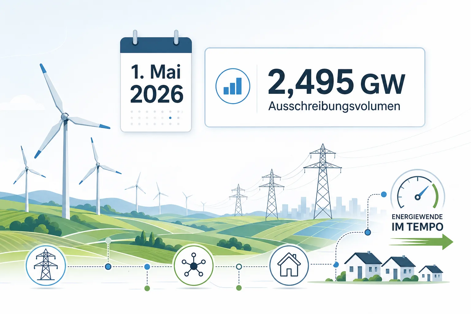 Editorial-Grafik zur Wind-an-Land-Ausschreibung am 1. Mai 2026
