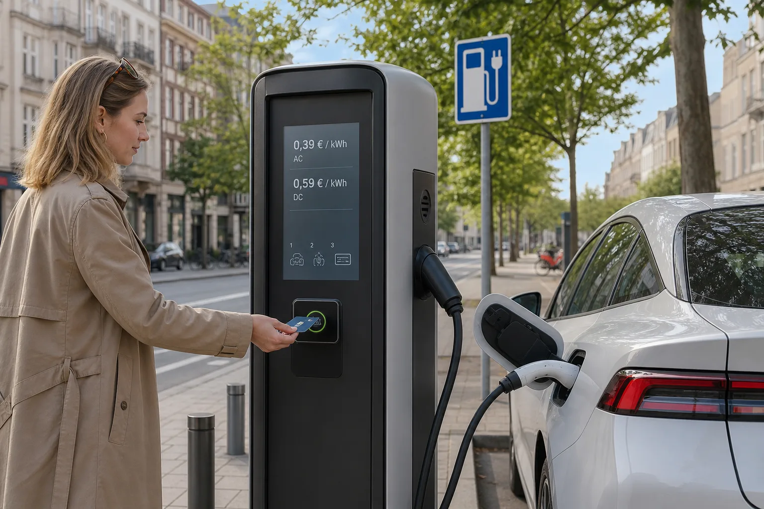E-Auto an öffentlicher Ladesäule mit Kartenzahlung als Symbol für neue EU-Regeln zu Preistransparenz.