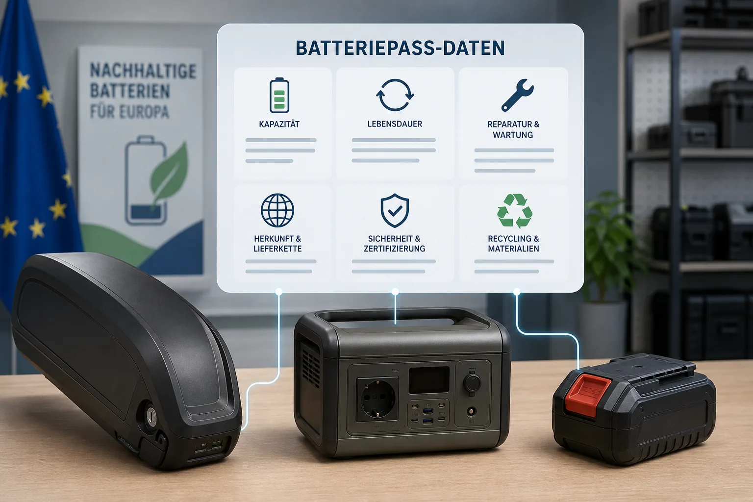 Editorial-Grafik mit E-Bike-Akku, Powerstation, Werkzeugakku und abstraktem Datenpanel für den EU-Batteriepass.