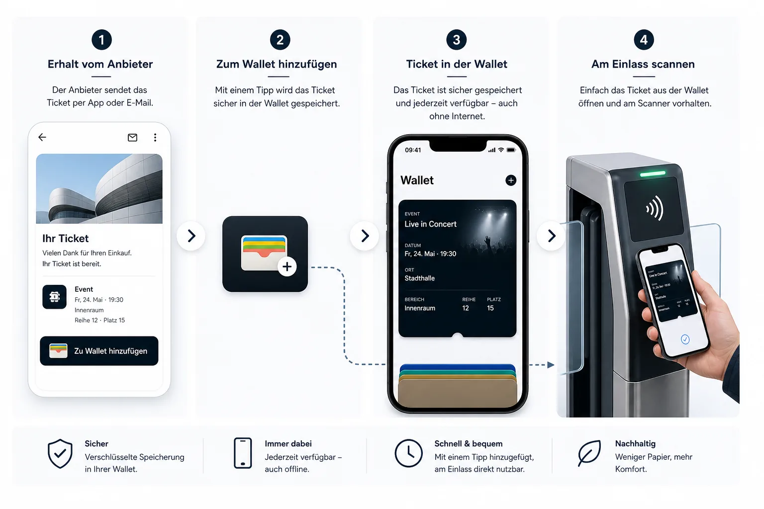 Infografik zum Ablauf vom Anbieter über die Wallet-Schaltfläche bis zum gespeicherten Ticket.