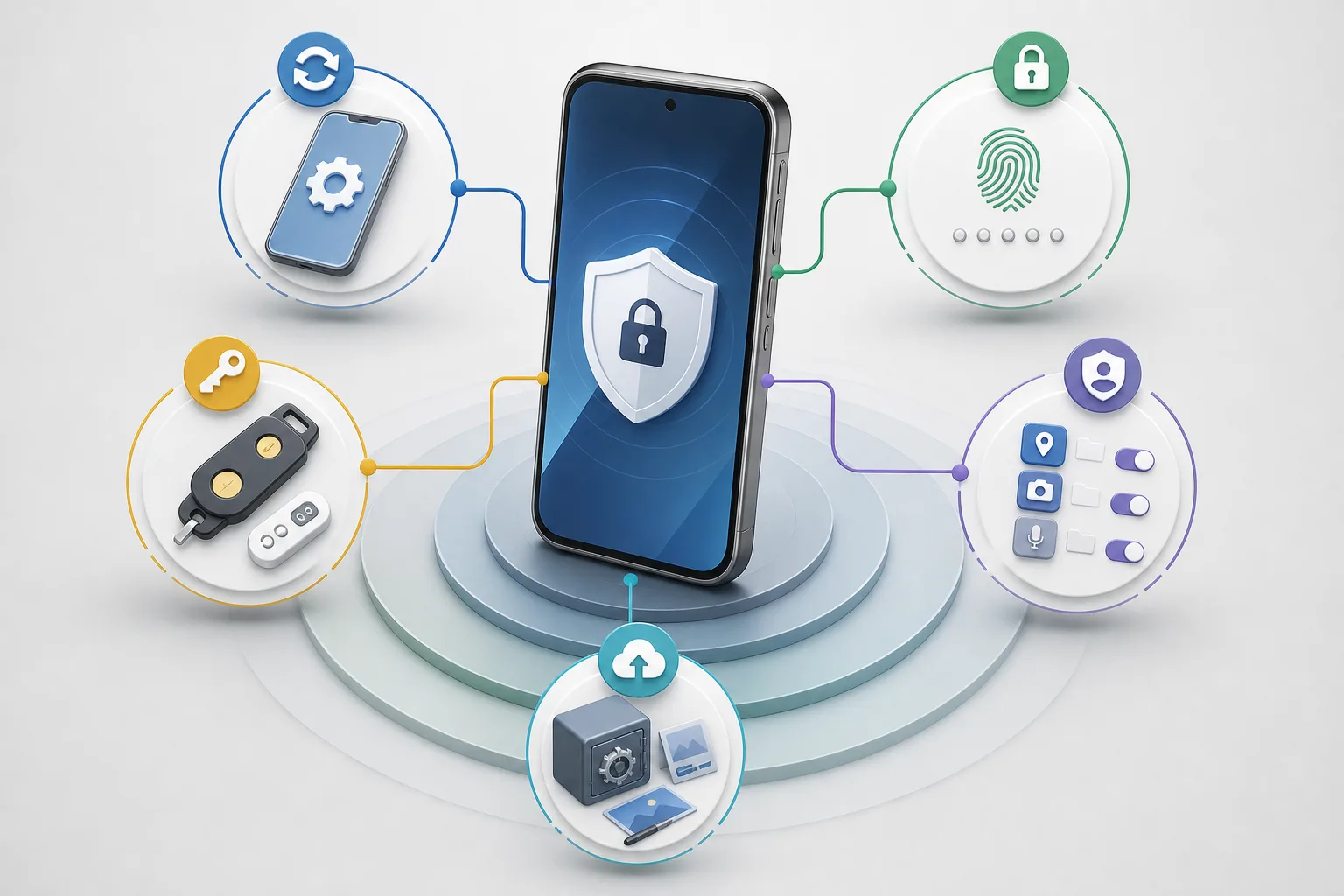 Illustration von Android-Basisschutz mit Updates, Displaysperre, Zwei-Faktor-Schutz und App-Rechten.