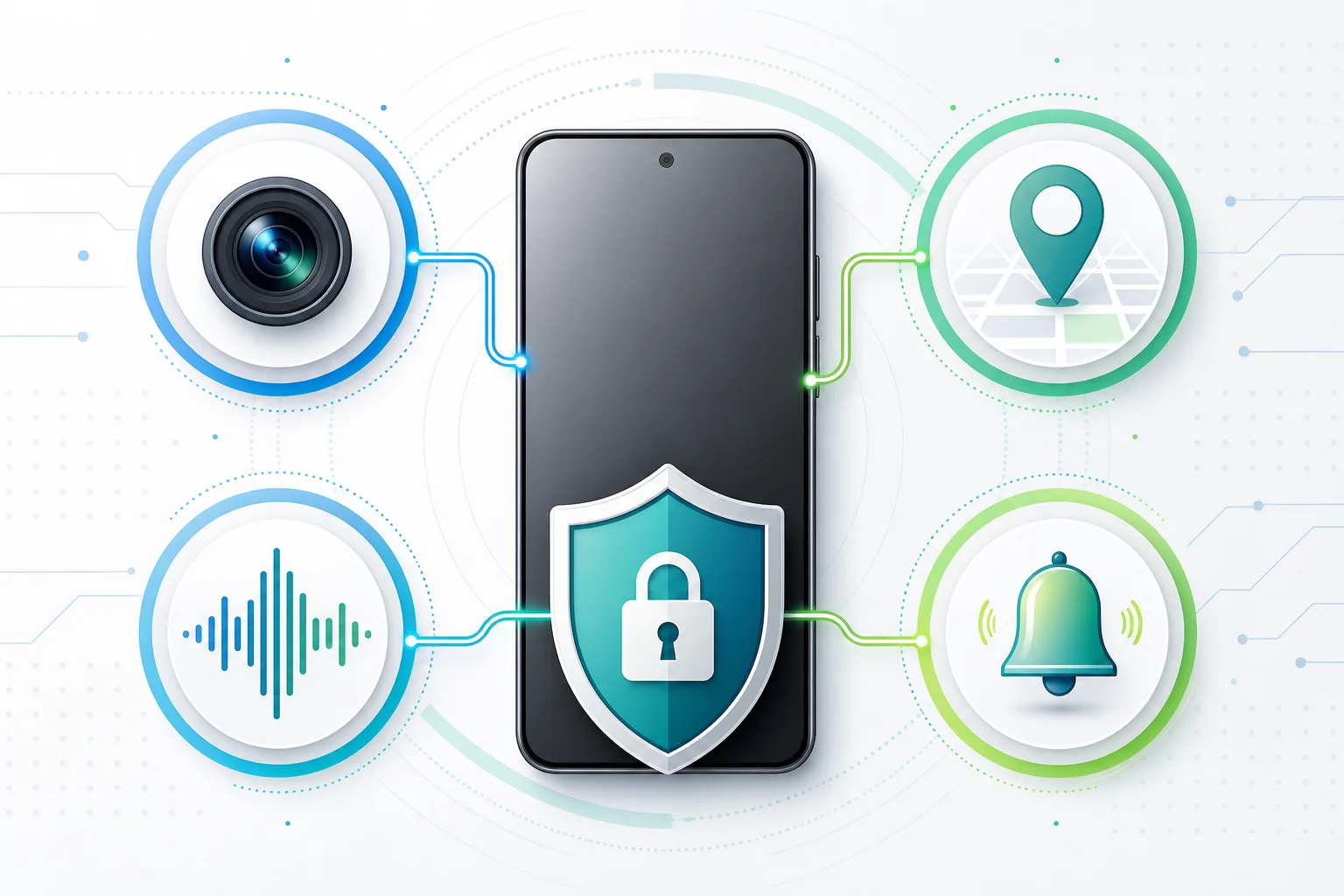 Infografik mit abstrakten Symbolen für Kamera, Mikrofon, Standort und Benachrichtigungen bei Android.