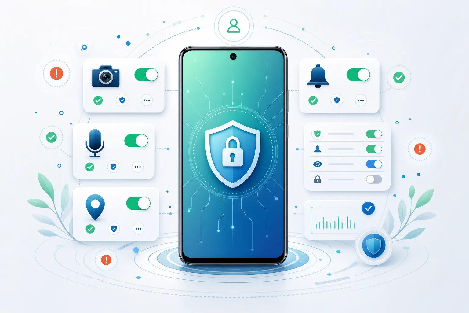 Smartphone mit Symbolen für Kamera, Mikrofon, Standort und Benachrichtigungen als Infografik zu Android-App-Berechtigungen.