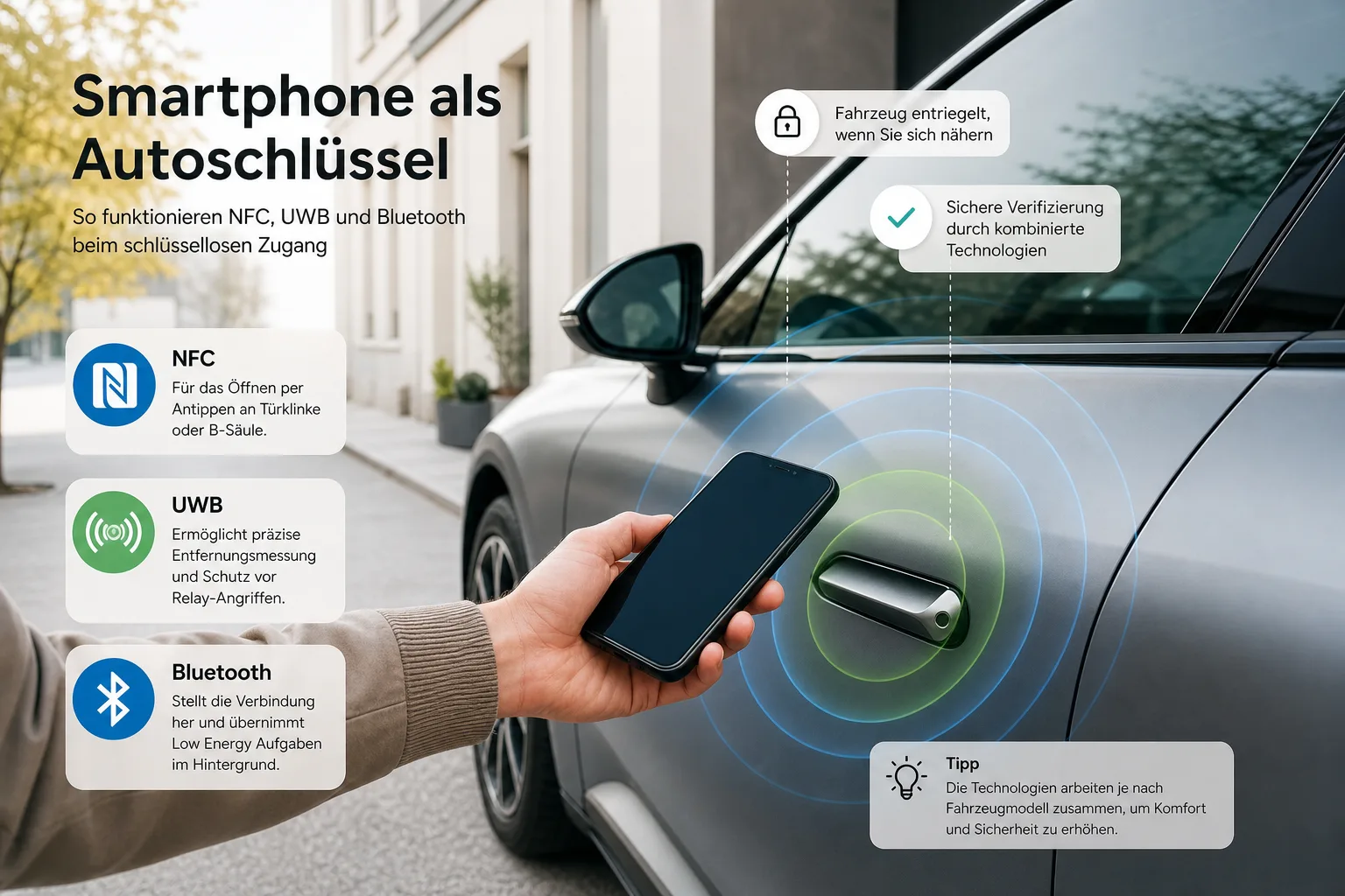 Android-Smartphone dient neben einem Auto als digitaler Autoschluessel mit NFC, UWB und Bluetooth.