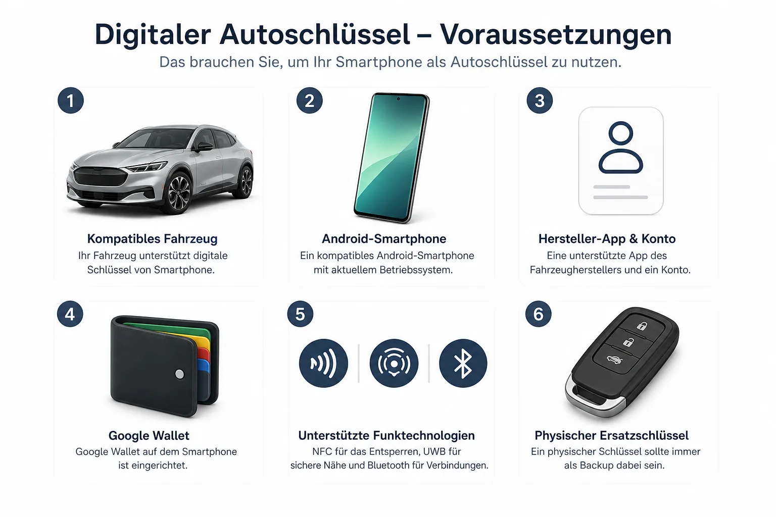 Checkliste mit Smartphone, Auto, Hersteller-App, Google Wallet, NFC, UWB und Ersatzschluessel.