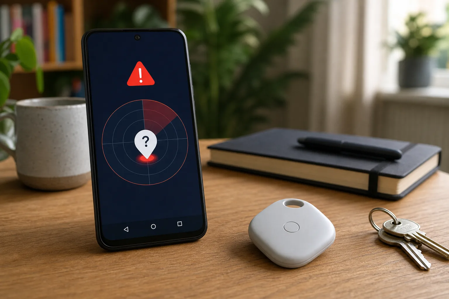 Smartphone mit Warnhinweis vor unbekanntem Bluetooth-Tracker neben einem kleinen Tracker-Gerät