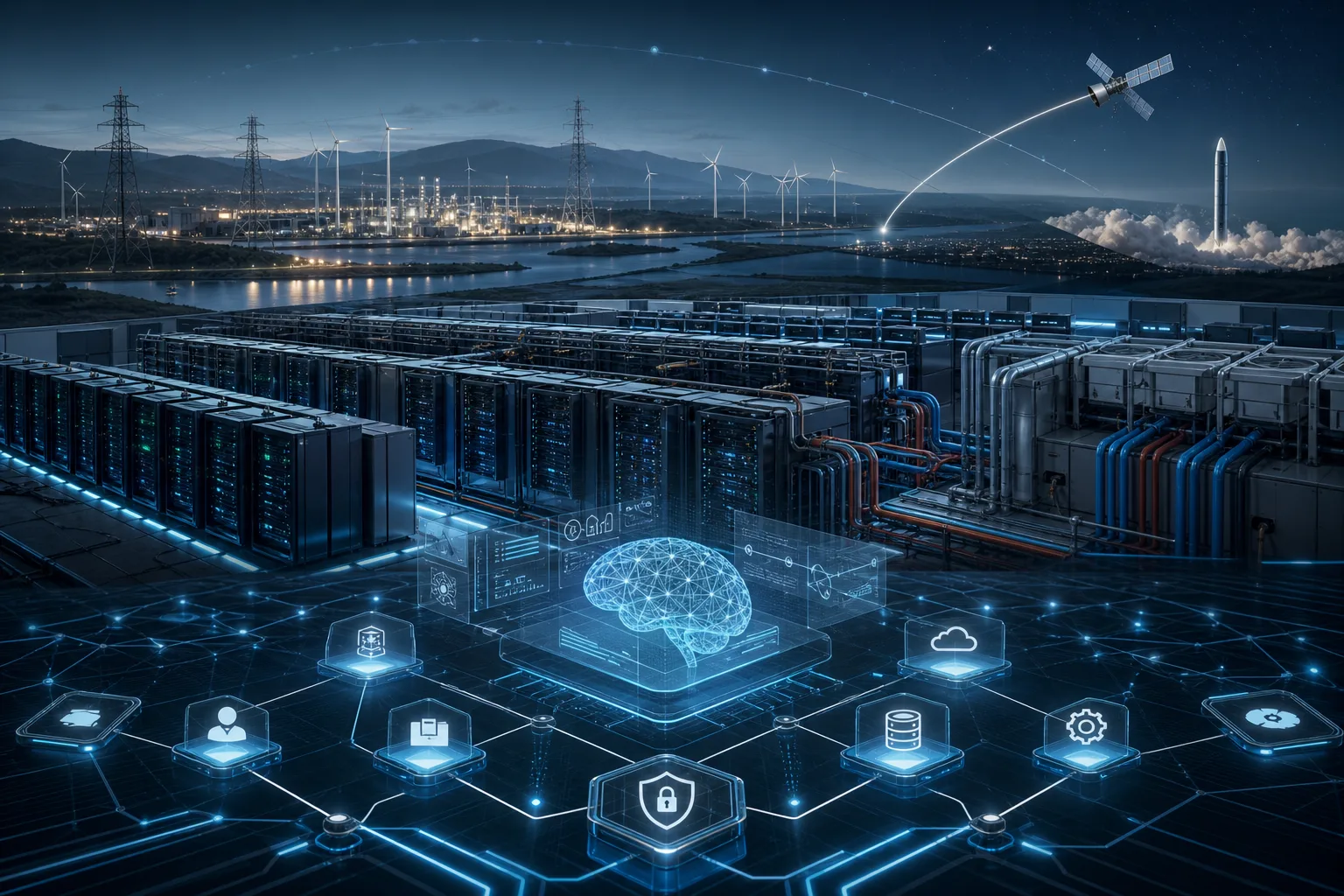 Editoriale Infografik zu KI-Infrastruktur, Rechenzentren, Stromnetz und Space-Industry-Kontext ohne Logos.