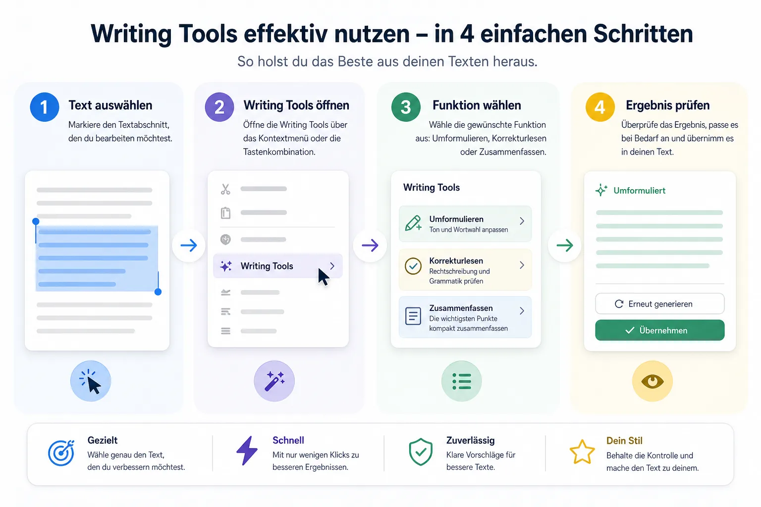 Grafik zum Ablauf: Text markieren, Schreibwerkzeuge öffnen, Option wählen, Ergebnis prüfen.