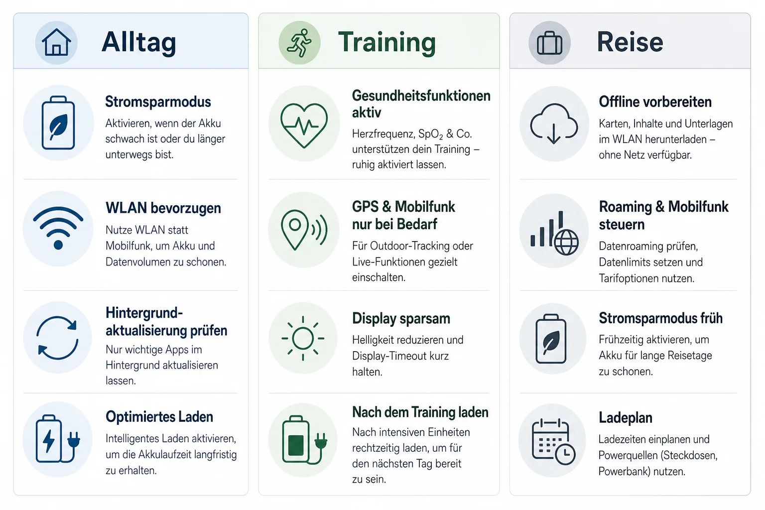 Infografik mit drei Profilen Alltag, Training und Reise für sinnvolle Apple-Watch-Akku-Einstellungen.