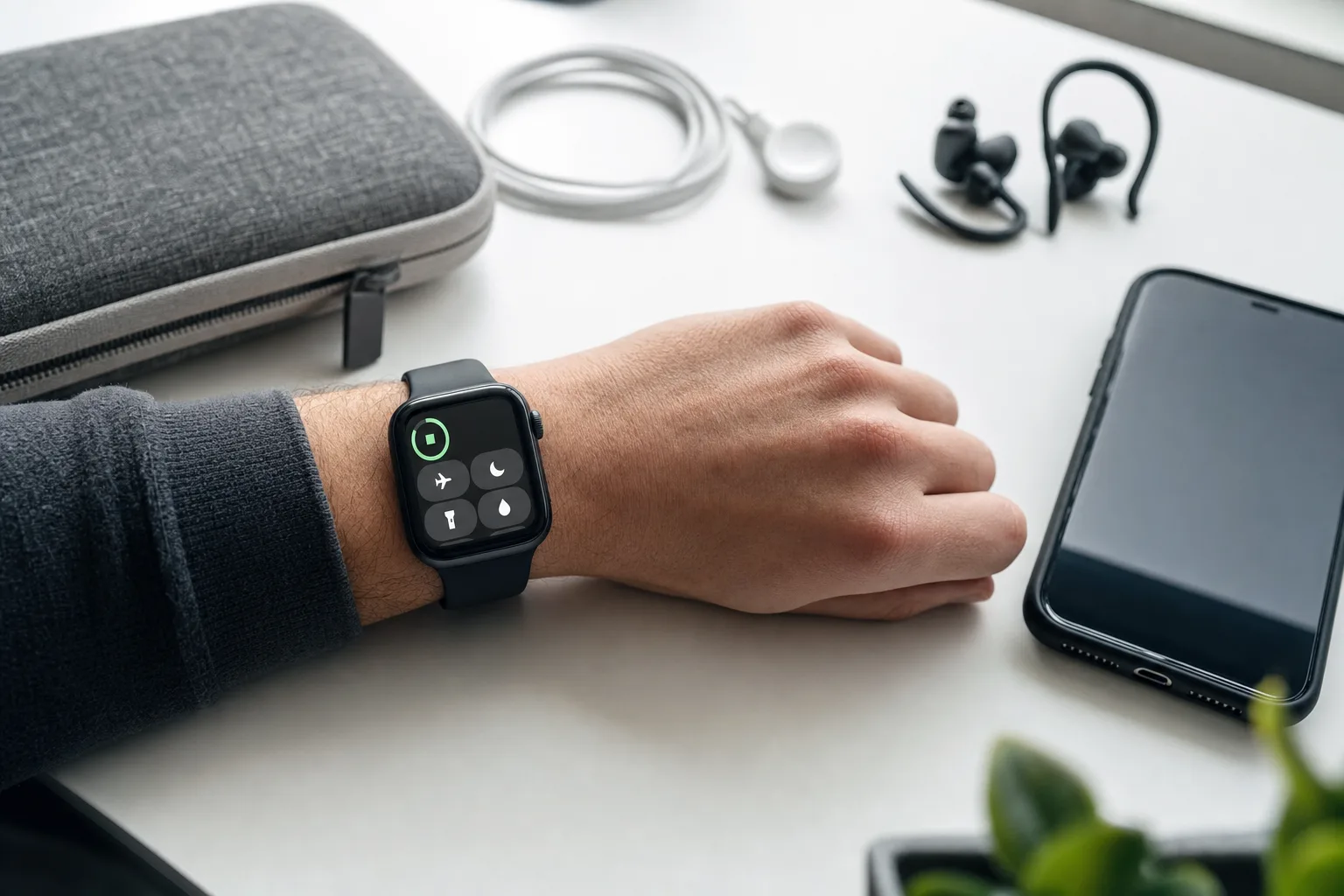 Smartwatch mit abstraktem Akku-Symbol neben Smartphone und Ladekabel als Symbol für Apple-Watch-Akkusparen im Alltag.