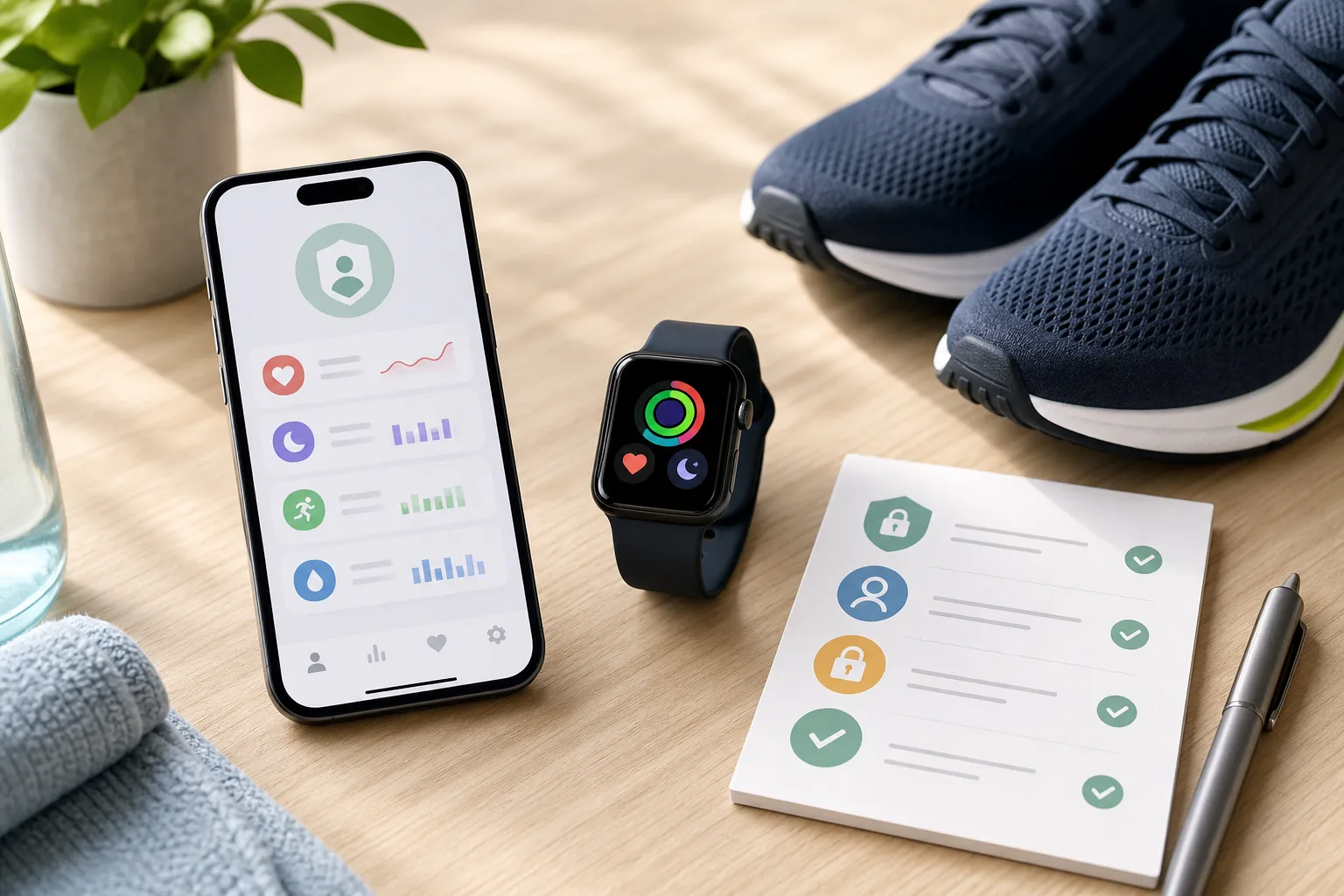 Smartwatch, Smartphone und Sportausruestung als Hinweis auf Gesundheitsdaten und Training