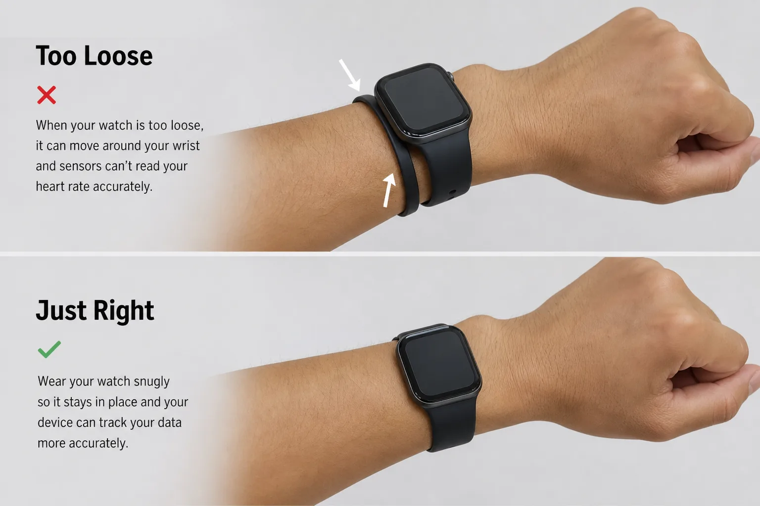 Vergleich zwischen locker und korrekt sitzender Smartwatch am Handgelenk