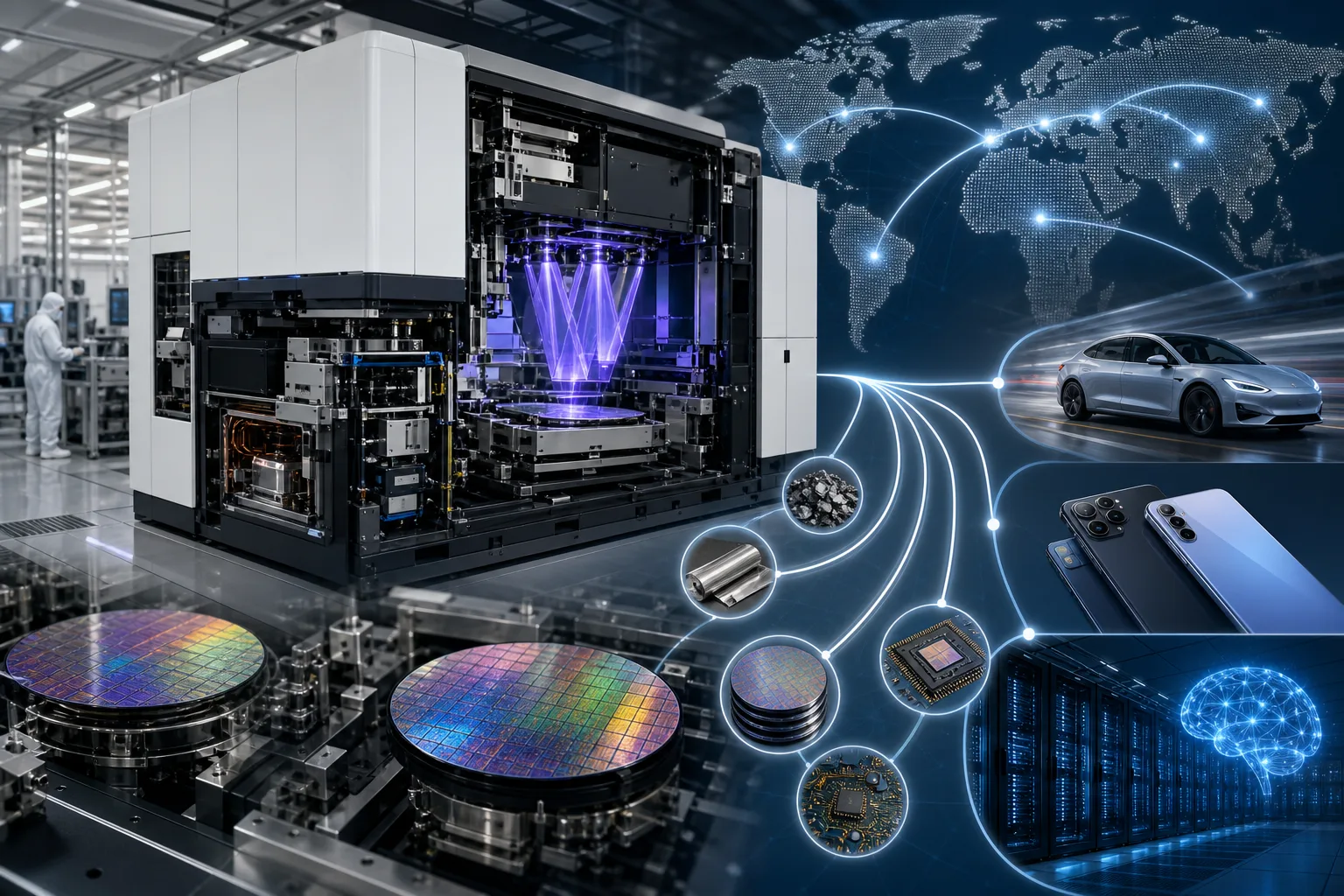 Editoriale Illustration einer High-NA-EUV-Chipmaschine in einer europäischen Halbleiter-Lieferkette.