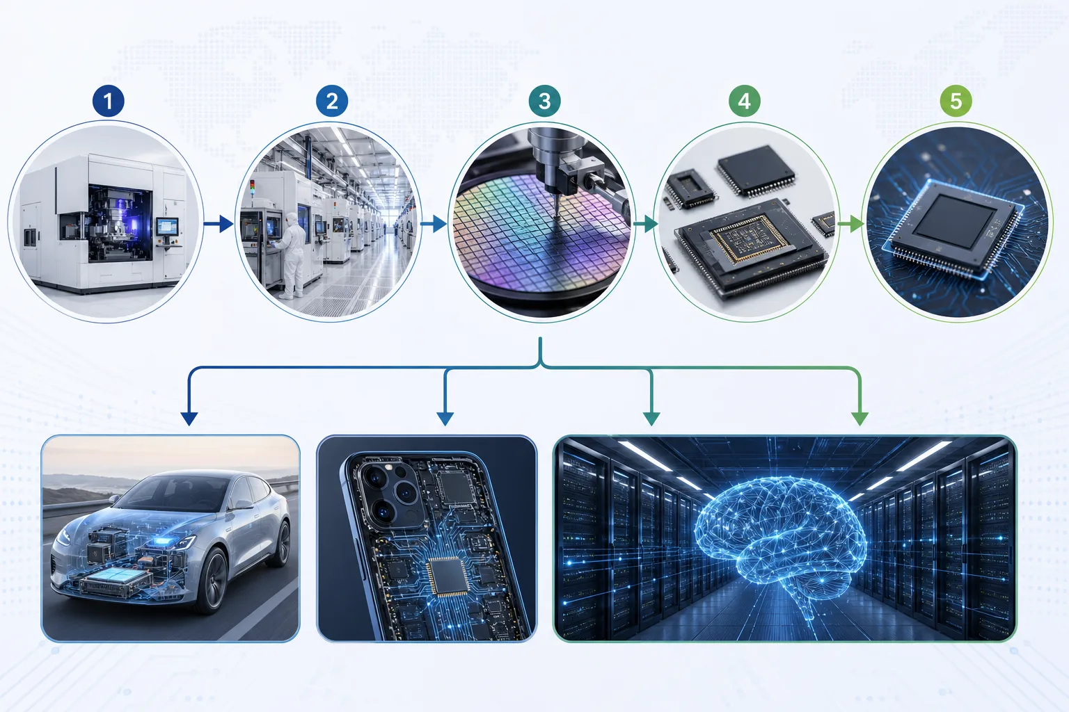 Infografik zu High-NA EUV als Engpass zwischen Spezialmaschine, Chipfabrik, Autoindustrie, Smartphones und KI-Rechenzentren.