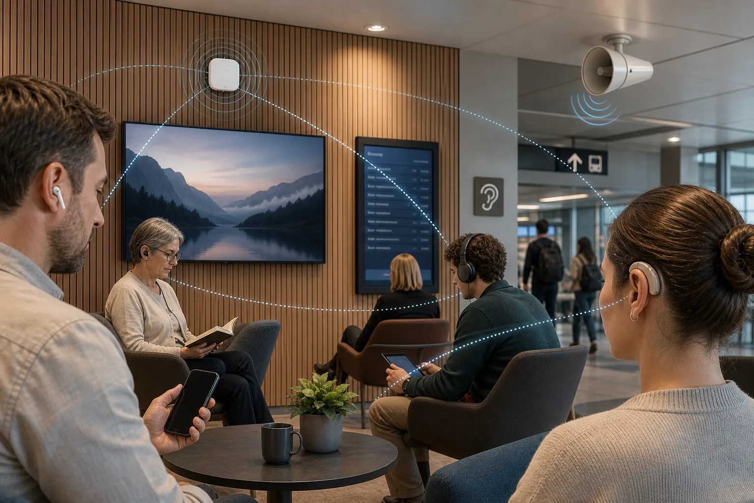 Realistische redaktionelle Illustration zu Auracast: Kopfhörer empfangen Ton von Fernseher und öffentlichen Ansagen ohne Logos oder echte Benutzeroberfläche.