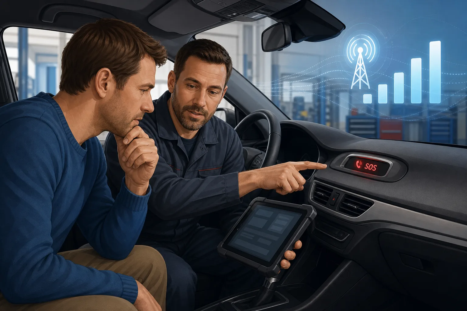 Illustration einer Gebrauchtwagenprüfung mit eCall-Hinweis, Werkstattdiagnose und Mobilfunksymbol.