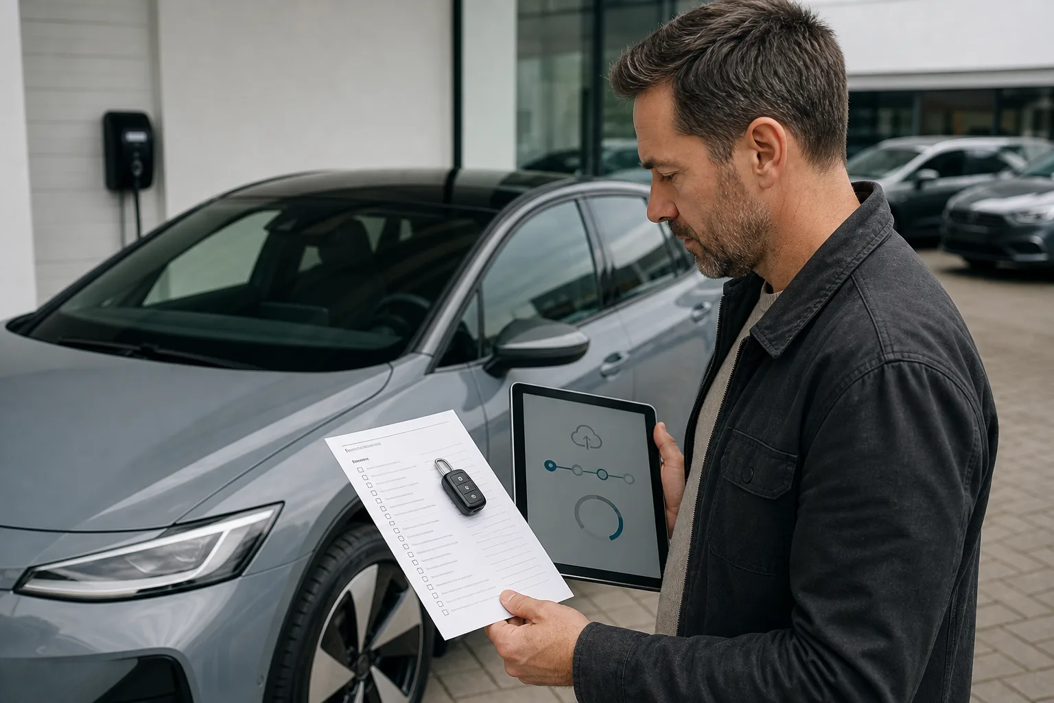 Redaktionelles Bild eines vernetzten Autos beim Kauf mit abstrakter Update-Checkliste.