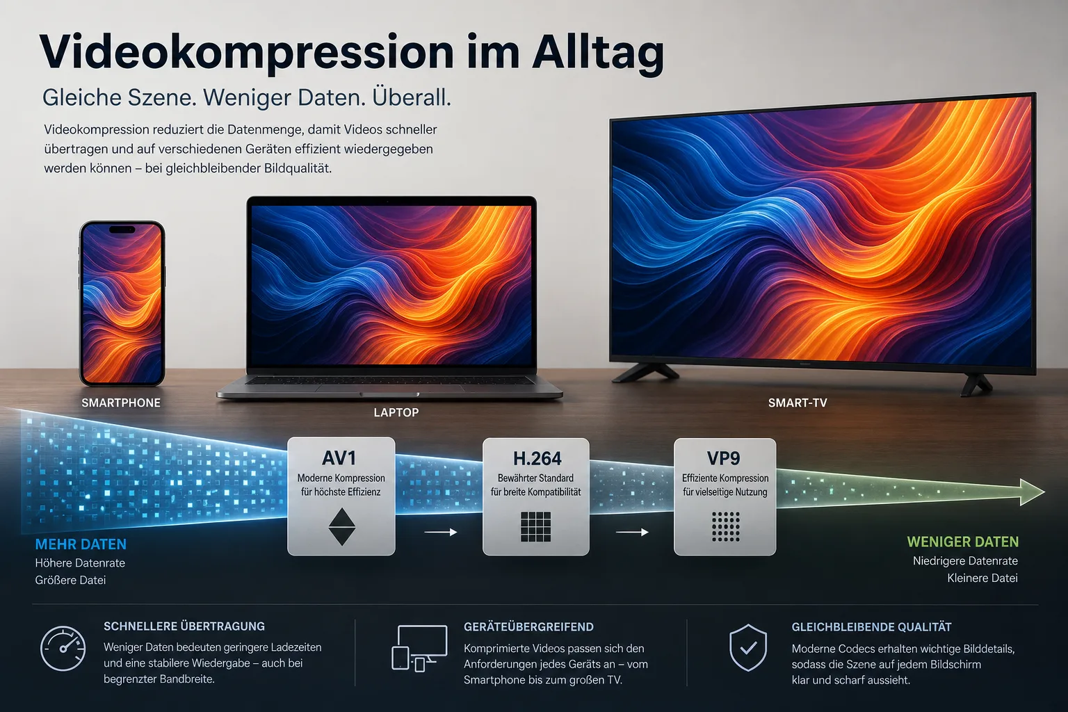 Infografik zu AV1: Smartphone, Laptop und Smart-TV zeigen, wie ein Videocodec Streaming und Videocalls mit weniger Daten effizienter macht.