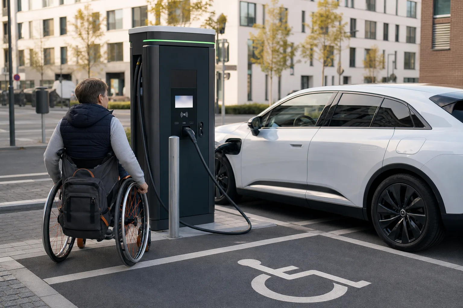 Eine barrierearm gestaltete öffentliche E-Auto-Ladesäule mit breitem Stellplatz, ebenem Zugang und gut erreichbarem Terminal.