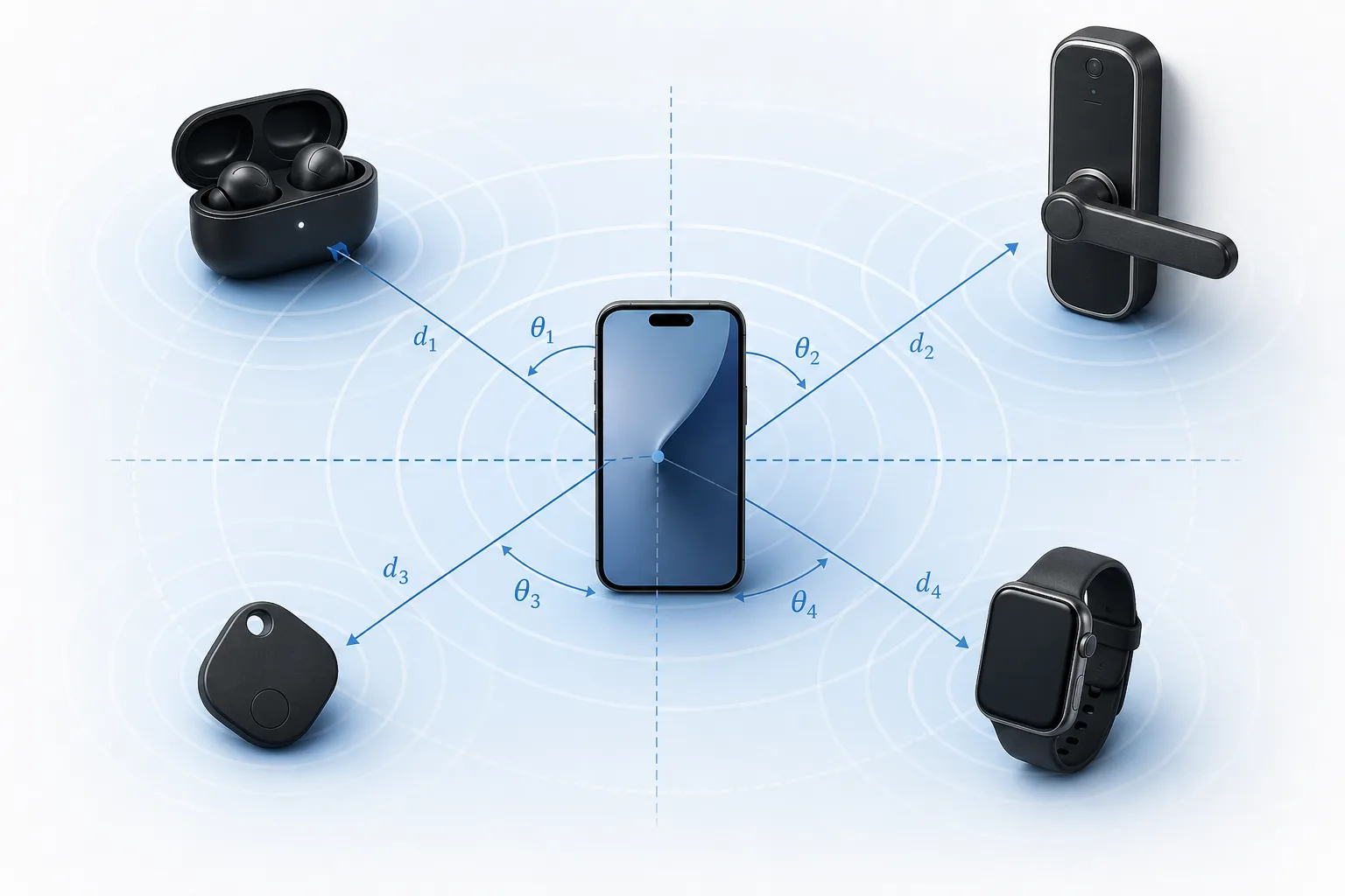 Bluetooth-6-Channel-Sounding-Grafik mit Smartphone, Tracker, Wearables und Entfernungsringen