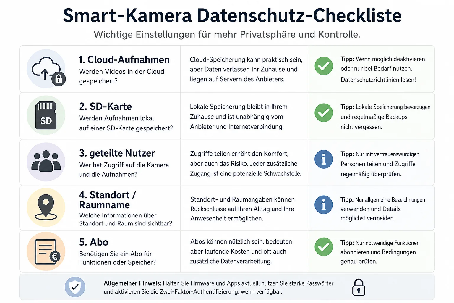Datenschutz-Checkliste für smarte Kameras mit Cloud-Aufnahmen, SD-Karte, geteilten Nutzern, Standort und Abo.