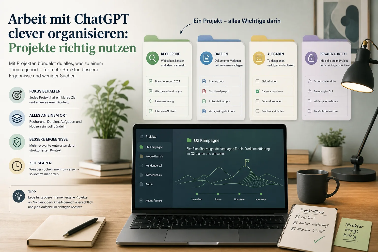 Abstrakte Darstellung von ChatGPT Projects mit getrennten Bereichen fuer Recherche, Dateien und Aufgaben.