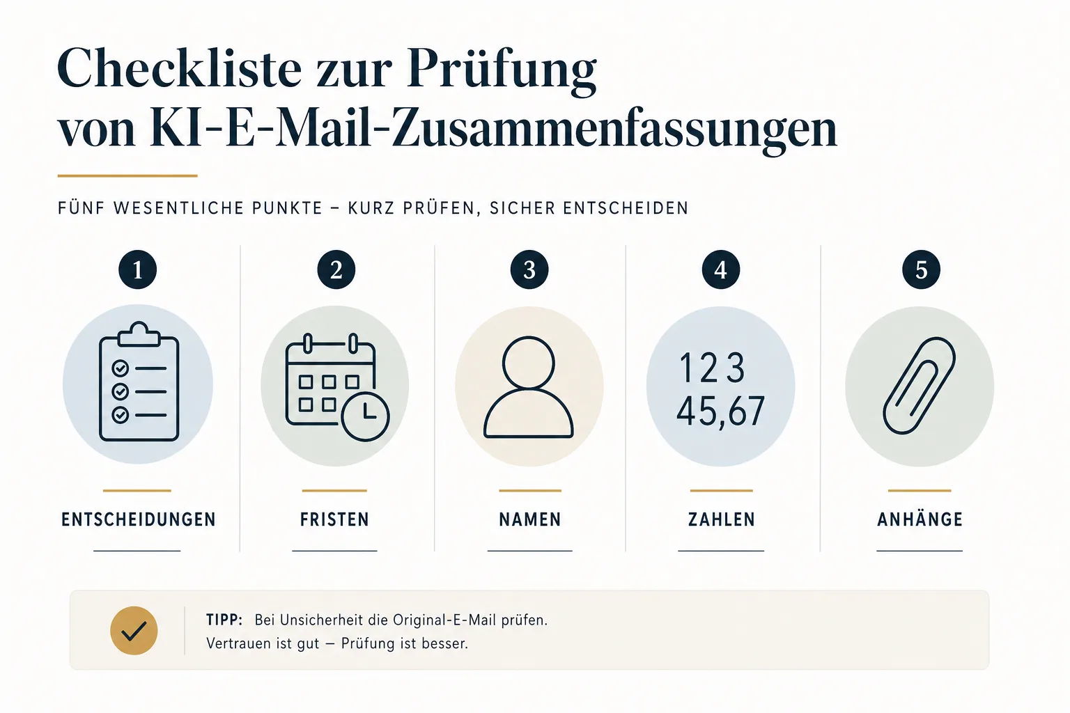 Checkliste zur Prüfung von KI-Zusammenfassungen in Outlook.