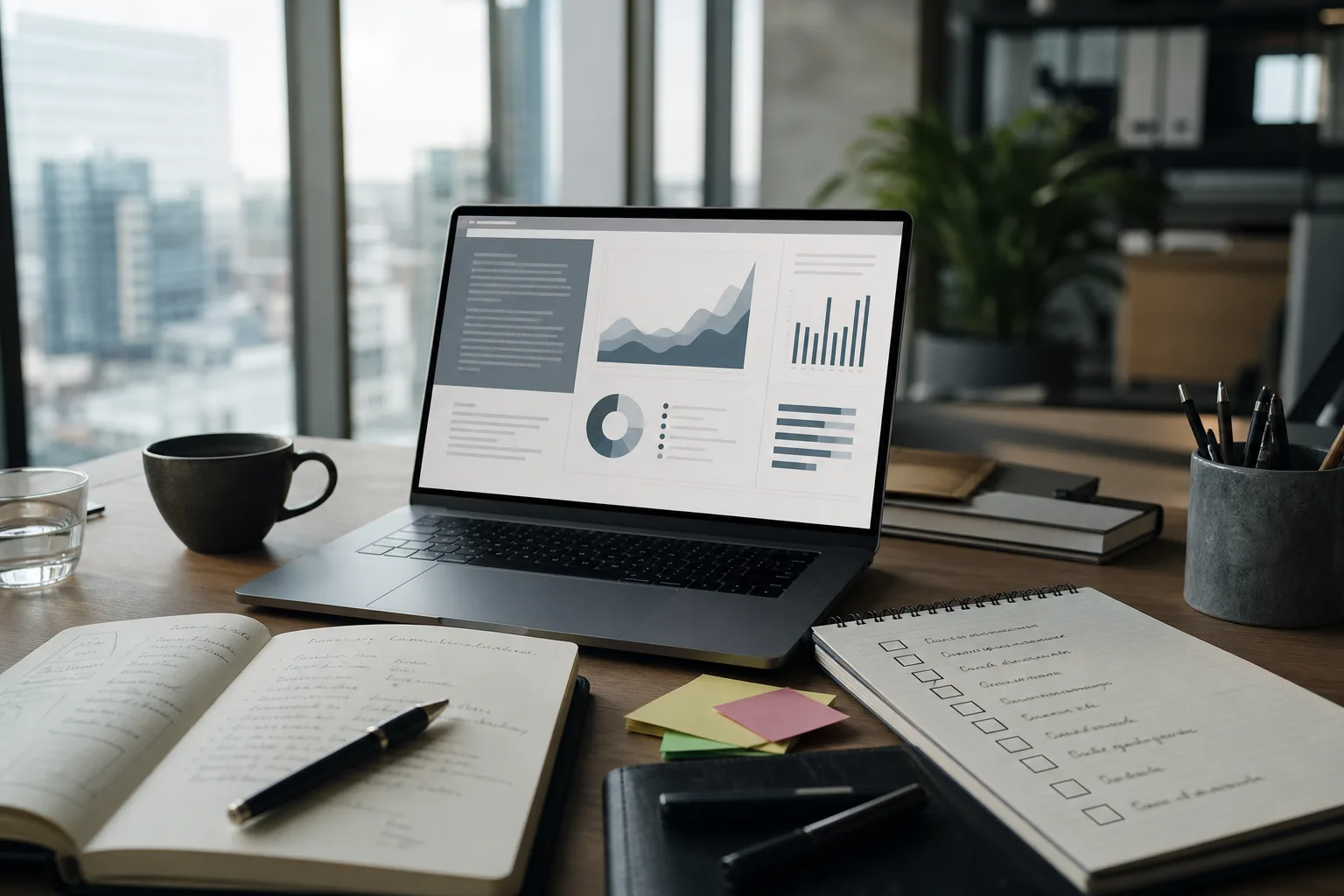 Laptop mit Präsentationsentwurf, Notizen und Prüfliste für Copilot in PowerPoint