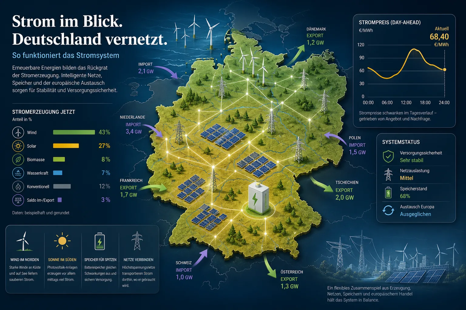 Hochwertige Infografik des deutschen Strommix mit Windkraft, Solarstrom, Netzen, Speicher und Preiskurve.