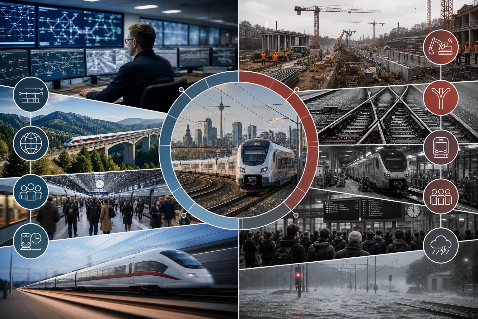 Konzeptgrafik zu ETCS mit Zugsteuerung, Kapazität, Interoperabilität sowie Baustellen und Infrastrukturgrenzen.