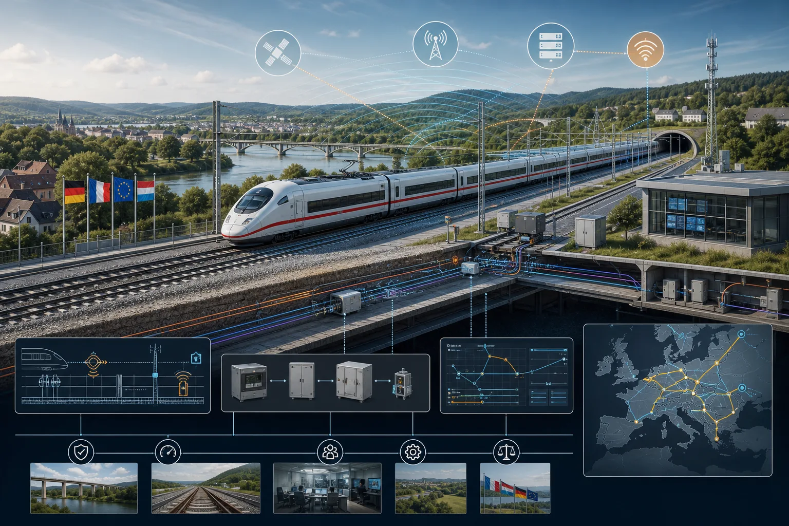 Editoriale Illustration eines europäischen Bahnkorridors mit digitaler Zugsteuerung und Gleisinfrastruktur.