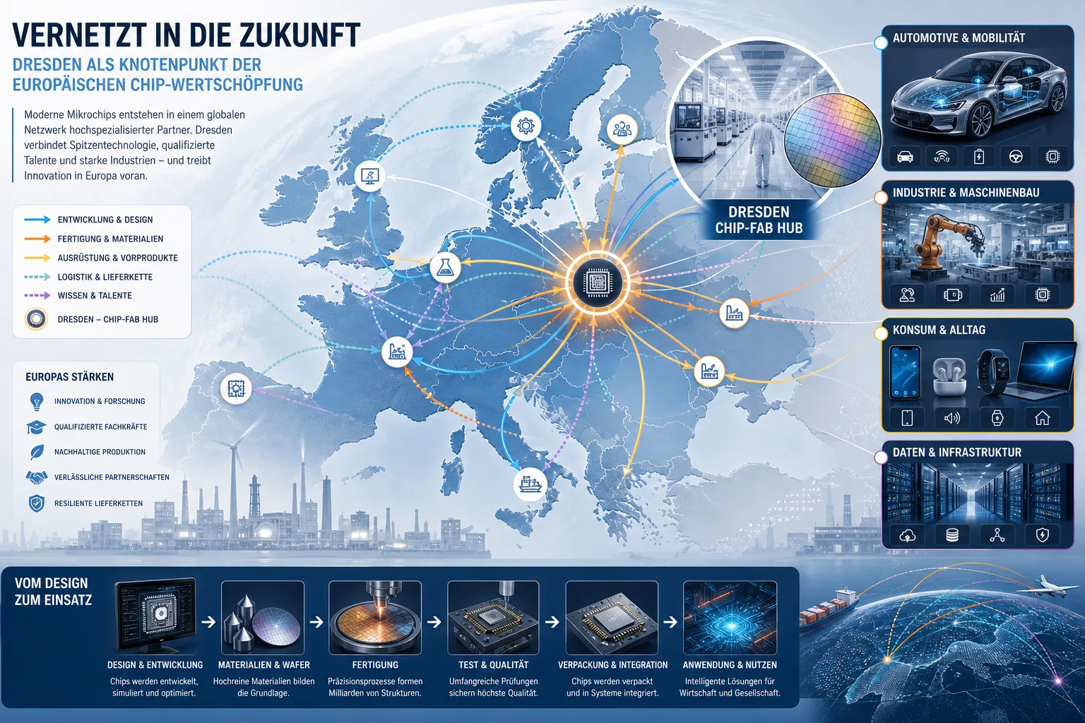 Editoriale Infografik einer europäischen Halbleiter-Lieferkette mit Dresden als hervorgehobenem Chipfabrik-Standort