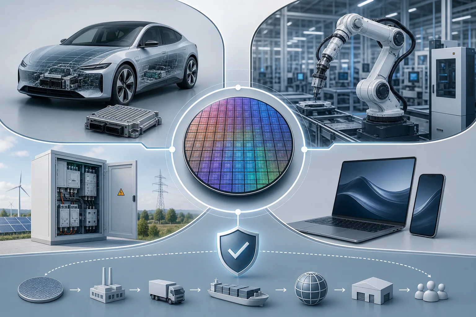 Infografik zu Halbleitern in Autos, Industrieanlagen, Energieinfrastruktur und Consumer Tech