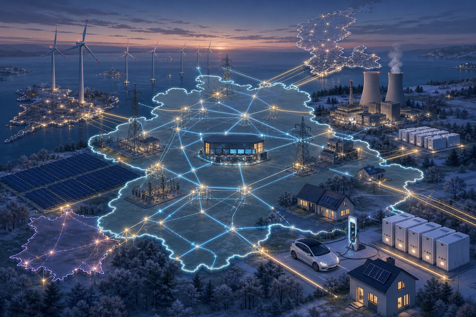 Infografik zur Stromversorgung bei Dunkelflaute mit Windkraft, Solarenergie, Netzen, Speichern, Wärmepumpe, E-Auto und europäischen Verbindungen.