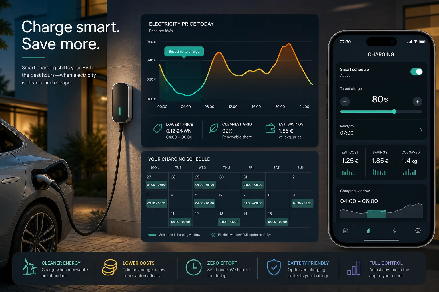 E-Auto an Wallbox mit abstraktem Strompreis-Diagramm und Ladefenster-Plan