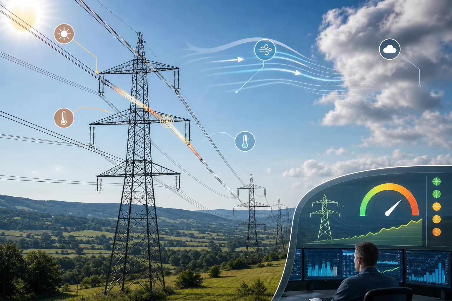 Infografische Illustration von Hochspannungsleitungen mit Wind, Temperatur und Netzdaten als Faktoren dynamischer Leitungsbewertung
