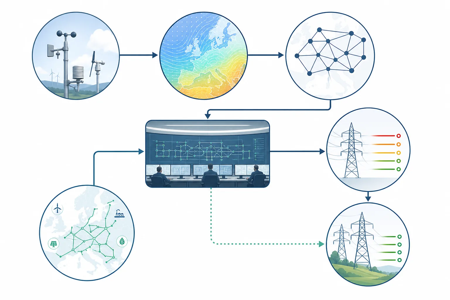 Flussgrafik von Wetterdaten und Sensorik über Netzleitwarte zu zulässiger Leitungsbelastung