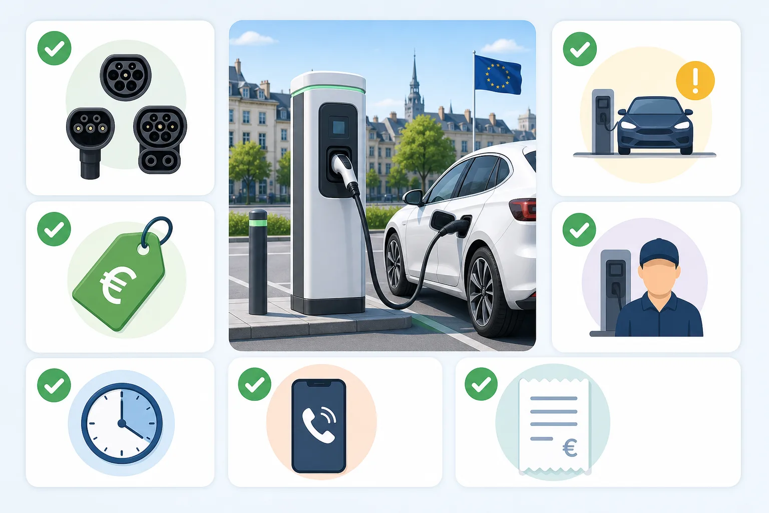 Infografik zu Steckertyp, kWh-Preis, Zeitgebühr, Blockiergebühr, Betreiber und Supportnummer.