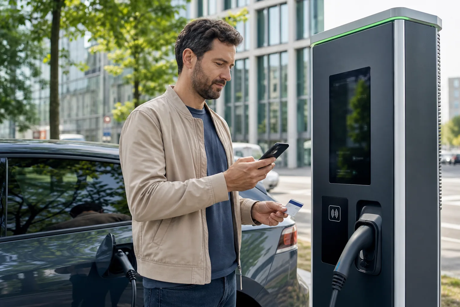 Person prüft Preis und Zahlungsmöglichkeiten an einer öffentlichen E-Auto-Ladesäule.