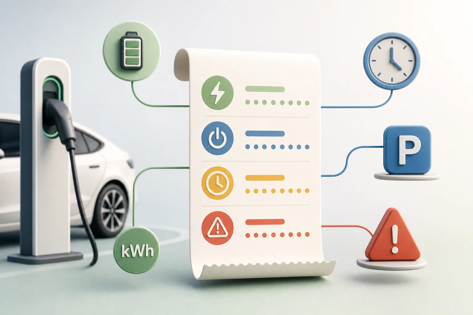 Kostenmodell mit kWh-Preis, Startgebühr, Zeitgebühr, Blockiergebühr und Quittung.