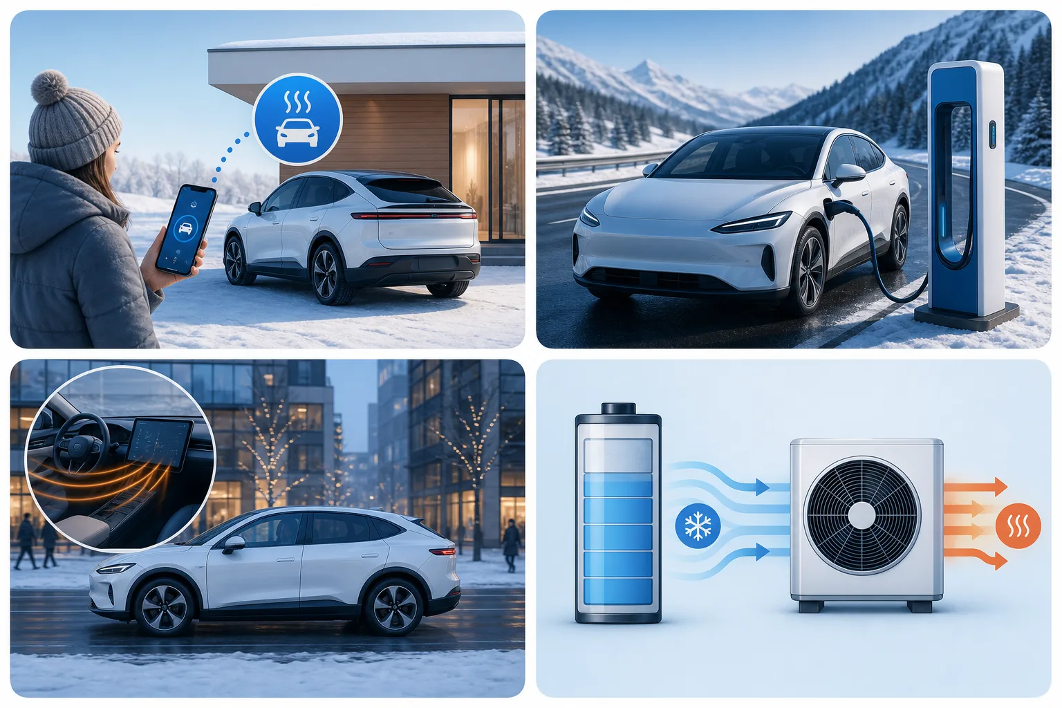 Infografische Checkliste zu Vorkonditionierung, Ladepause, Kurzstrecke und realistischer Reichweitenanzeige beim E-Auto im Winter.