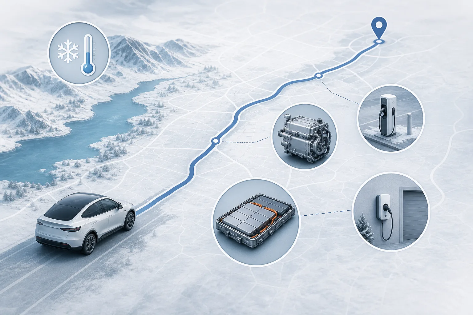 Schematische Entscheidungshilfe für E-Auto-Fahrer: Strecke, Tempo, Temperatur, Wärmepumpe und Ladeplanung beeinflussen die Winterreichweite.