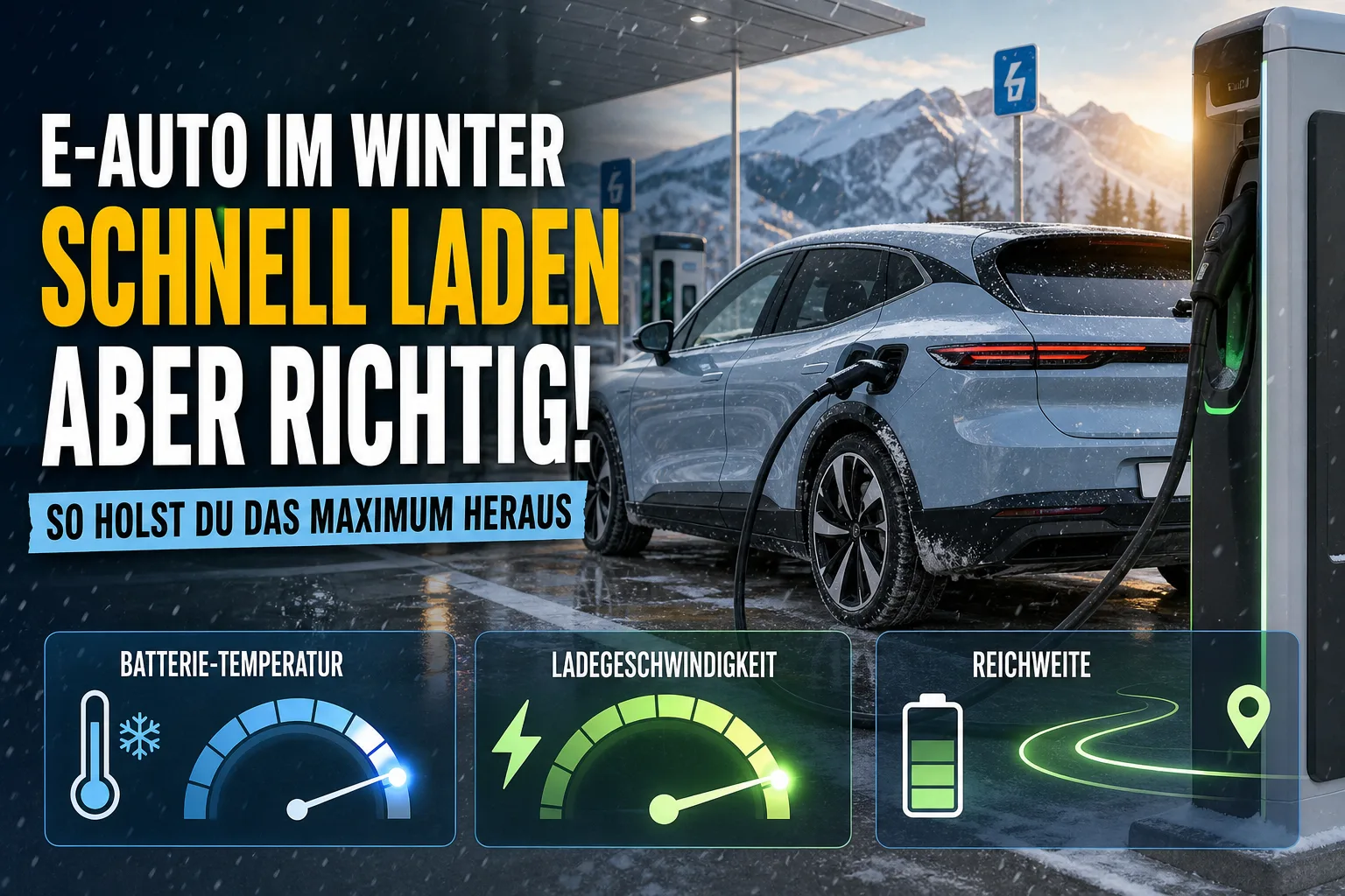 Modernes Elektroauto an einer winterlichen Schnellladesäule mit visuellen Hinweisen auf Akkutemperatur, Ladeleistung und Reichweite.