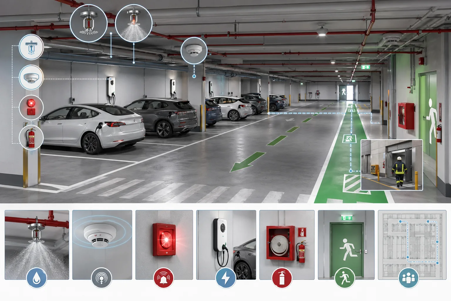 Editorial-Illustration eines Parkhauses mit E-Autos, Wallboxen, Fluchtwegen und Feuerwehrzugang