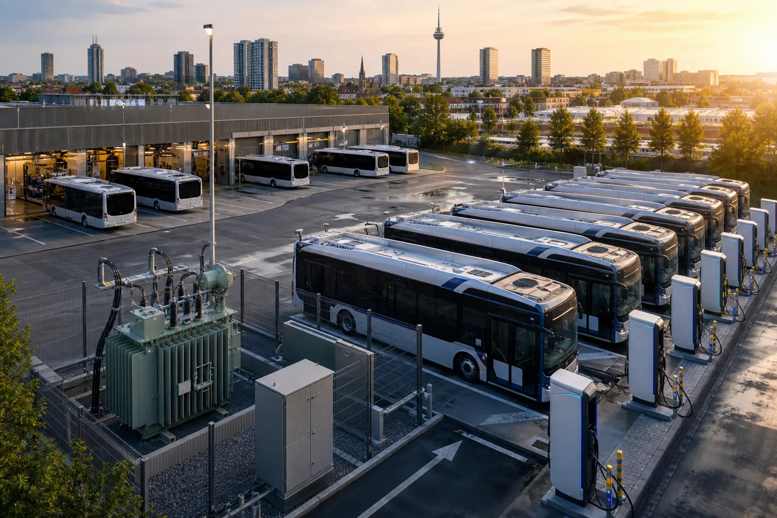 Editoriale Illustration eines E-Bus-Ladehofs mit Ladepunkten, Netzanschluss und Stadtverkehr.