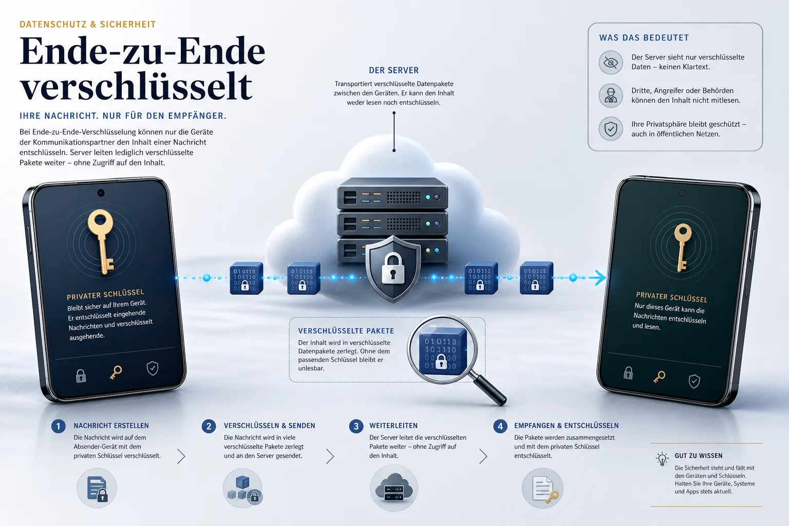Infografik zur Ende-zu-Ende-Verschlüsselung zwischen zwei Smartphones mit verschlüsseltem Servertransport.